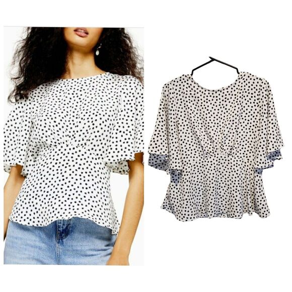 Topshop Black and White Polka Dot Cinch Waist Boho Wide Sleeves Size 8 - Picture 1 of 11